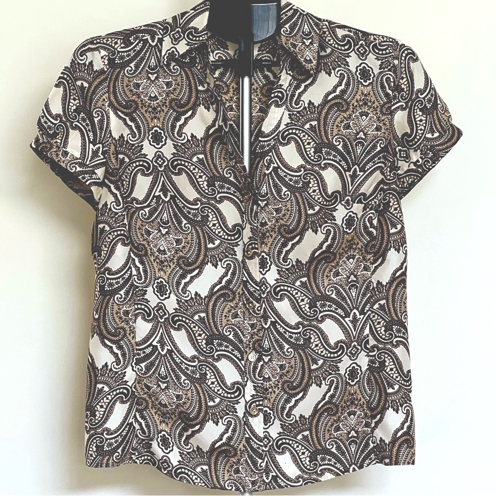 Ann Taylor Women Brown And Cream Paisley 100% Silk Button Down Blouse Size 8